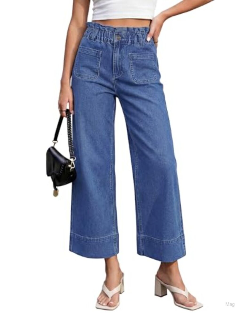 High Waisted Wide Leg Cropped Jeans with Pockets Stretchy Denim